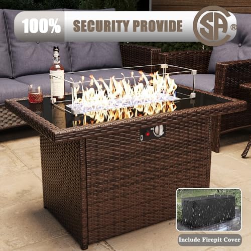 LayinSun 10 Piece Wicker Patio Furniture Set with Fire Pit Table, Classis Outdoor Conversation 360 Degree Swivel Chairs Set with Coffee Table