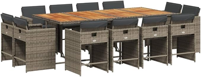 13 Piece Outdoor Dining Set with Cushions, Gray Poly Rattan Patio Furniture Set for 12, Folding Chairs, Acacia Wood Table for Backyard Garden