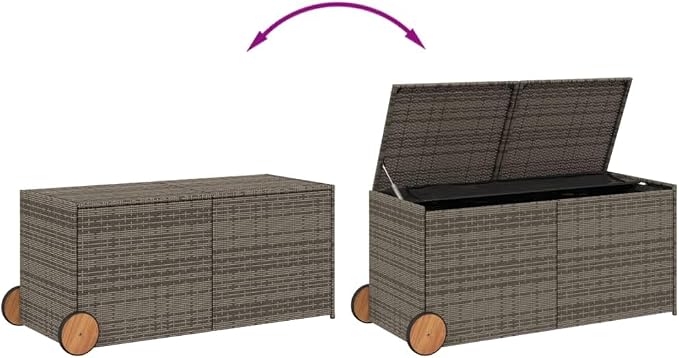 Large 74.8 Gal Outdoor Storage Box with Wheels, Gray PE Rattan Patio Furniture for Cushions Blankets, Waterproof Garden Deck Box with Gas Spring Lid & Steel Frame, Easy Assembly