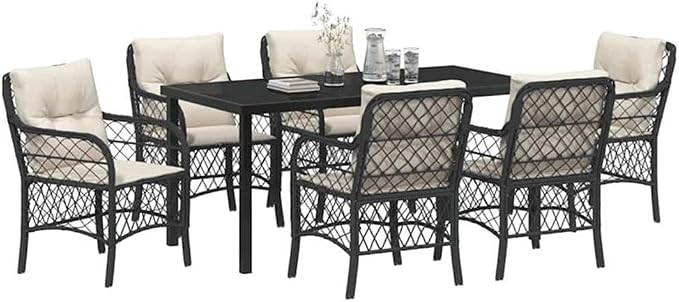 Afuera Living 7 Piece Poly Rattan Patio Dining Set, Powder-Coated Steel Frame, Black Finish, Cushioned Seating, Tempered Glass Tabletop, Weather-Resistant Outdoor Furniture for Garden or Patio Dining