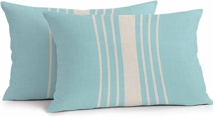 Outdoor Waterproof Pillows Cover Pack of 2 Modern Light Blue Striped Burlap Texture Decorative Pillowcases with Zipper Cushion Case for Patio Tent Couch Garden 20 x 12 Inches