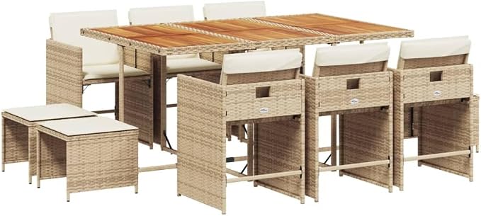 11 Piece Outdoor Patio Dining Set, 10-Seater Poly Rattan Garden Furniture with Acacia Wood Tabletop and Cushioned Chairs, Space-Saving Cube Design for Backyard Deck