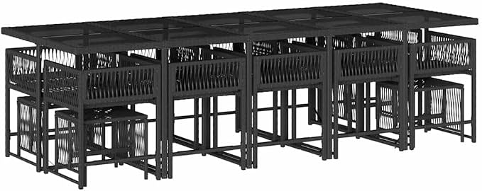 14-Seater Garden Dining Set Black and Cream White PE Rattan Large Outdoor Table with Stackable Chairs and Foldable Stools for Patio Backyard