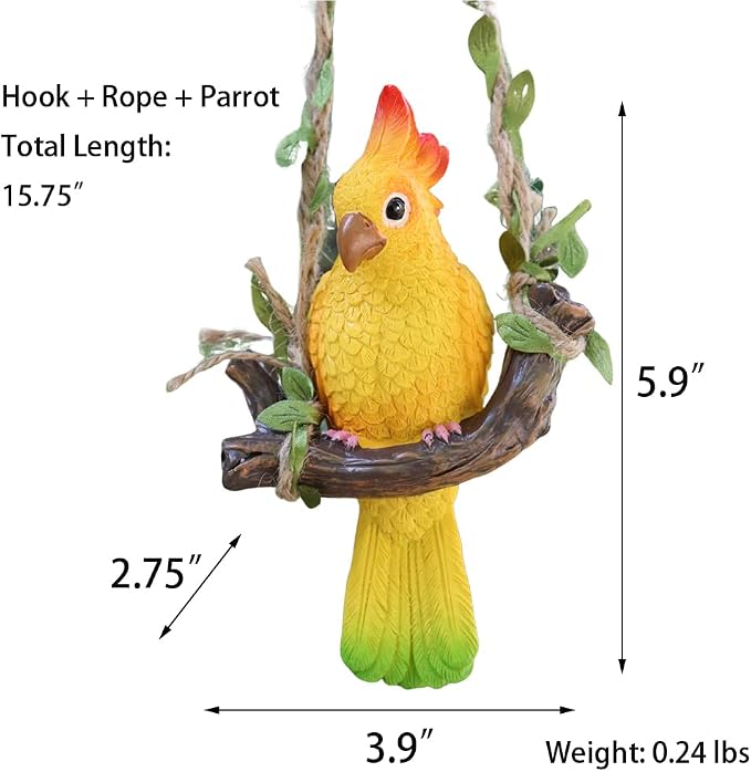 Resin Parrot Hanging Tropical Decor Outdoor Porch Tree Tiki Bar Decorations Outdoor Hanging Bird Sculpture for Christmas Tree Plant Patio Lawn Yard Porch Balconies Decor (Yellow)