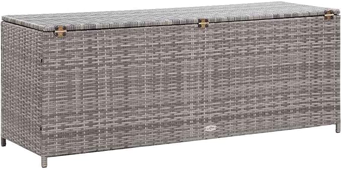 Patio Storage Box with Cushion Bench Seat, 59.1"x19.7"x23.6" Outdoor Furniture Storage, Waterproof PE Rattan & Steel Frame, Gray Deck Box for Garden, Pool, Backyard