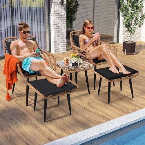 5-Piece Wicker Patio Conversation Set - Stylish Outdoor Furniture with 2 Chairs, 2 Ottomans & Side Table - Ideal for Balcony, Deck, Porch & Backyard Relaxation
