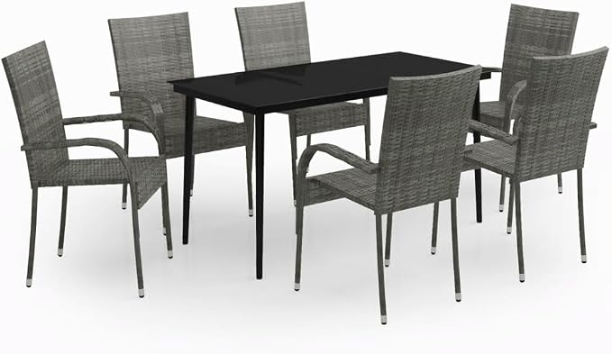 7 Piece Patio Dining Set Gray and Black Outdoor Rattan Table and 6 Chairs with Glass Top for Garden Yard Porch