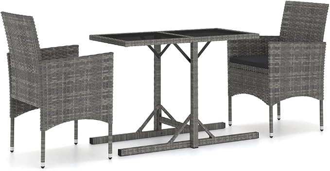 3 Piece Patio Dining Set Gray with PE Rattan and Cushions for Outdoor Garden Backyard, Glass Tabletop Steel Frame for Porch Poolside Relaxation