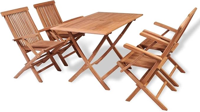 5-Piece Folding Outdoor Dining Set, Solid Teak Wood Garden Table and 4 Chairs, Patio Furniture for Backyard, Balcony, Deck, Foldable Weather-Resistant Table Set