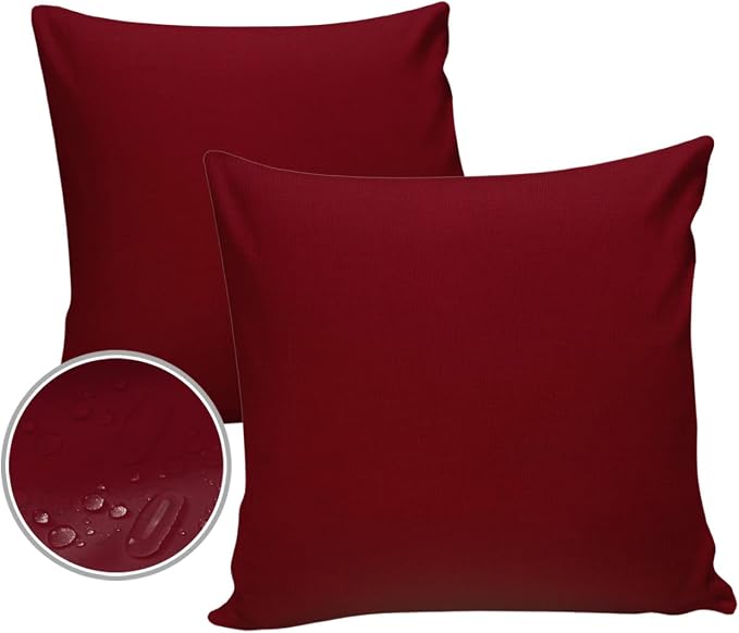 Outdoor Pillow Covers Waterproof, Solid Red Wine All Weather Cushion Case Set of 2, Pure Color Decorative Pillowcases for Sofa Couch Bed Decor Patio Furniture 20"x20"