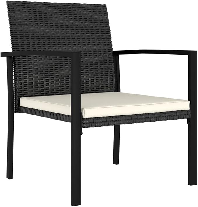 BOWERY HILL 3-Piece Outdoor Patio Dining Set, Black Poly Rattan Table and Chairs, Cream Cushions, Compact Modern Design, UV Resistant/Waterproof for Balcony, Terrace, Garden