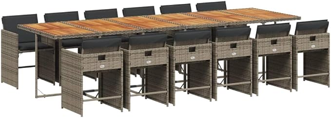 13-Piece Gray PE Rattan Outdoor Dining Set with Acacia Table & Cushions, Compact Patio Furniture Set for Backyard Garden Balcony Porch