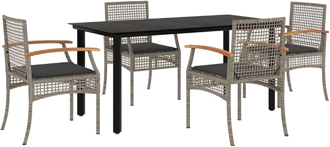 5 Piece Outdoor Dining Set with Cushions, Gray Poly Rattan Patio Furniture for Lawn Garden Backyard, Steel Frame Glass Top Table & UV Protection Chairs