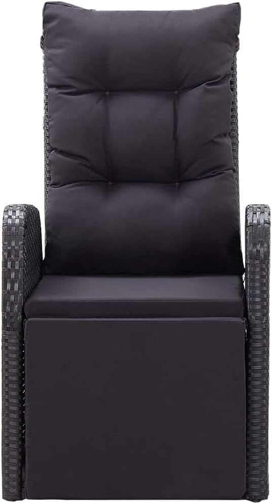 7-Piece PE Rattan Patio Dining Set with Reclining Chairs, Black | Includes 6 cushioned chairs and 1 dining table, designed for outdoor use in backyards, decks, and poolsides.