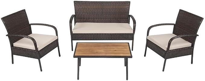 Pemberly Row 4-Piece Patio Rattan Furniture Conversation Set, Brown PE Wicker and Steel Frame, Acacia Wood Table, Ergonomic Design with Cushions, Indoor or Outdoor Seating for Garden or Patio Use