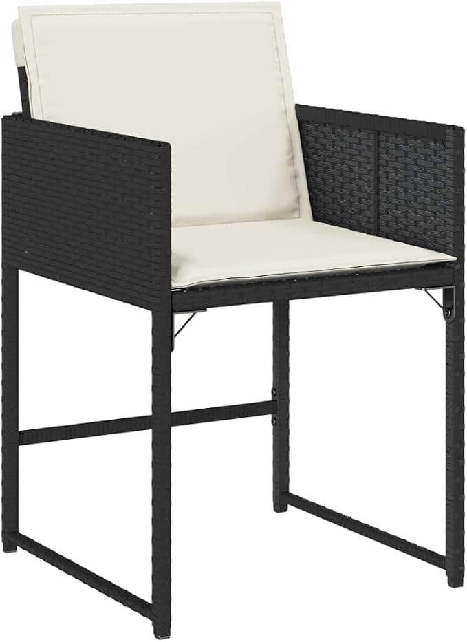 5 Piece Patio Dining Set with Cushions Black Poly Rattan Outdoor Furniture Foldable Chairs Acacia Wood Table for Garden Backyard Deck Relaxation UV-Proof Space-Saving