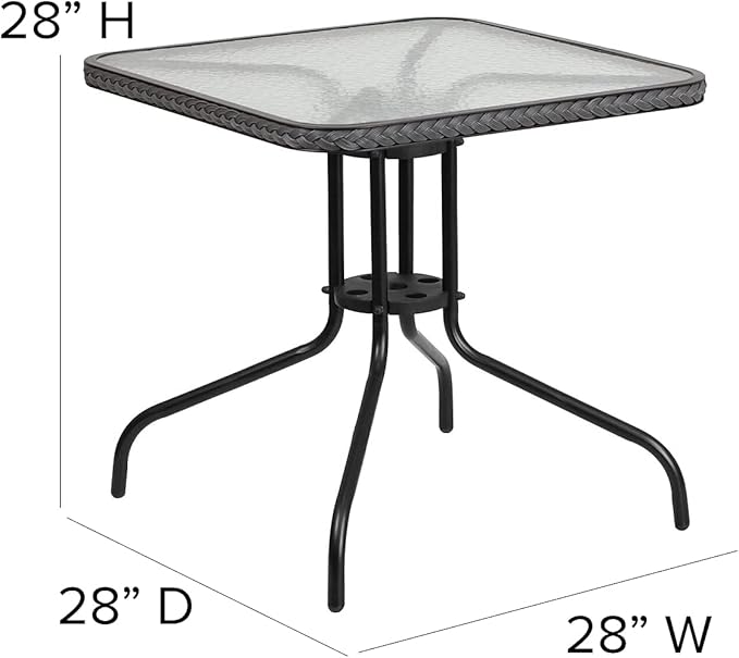 Flash Furniture Lila 28'' Square Glass Metal Table with Gray Rattan Edging and 2 Gray Rattan Stack Chairs