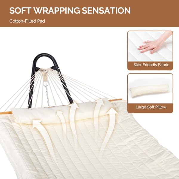 Hammock with Stand, Quilted Pad & Pillow, 76.8 x 55.1in Bed (Beige) | Anti-Rust Iron Frame, Adjustable Steel Chains