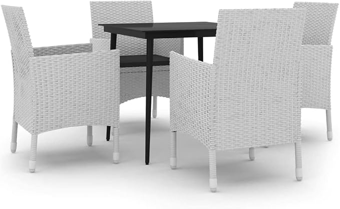 5 Piece Patio Dining Set with Cushions, Poly Rattan and Glass Table, Outdoor Garden Furniture for Backyard Deck, Weather Resistant Seating for 4, Easy Assembly Black White