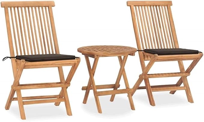 Afuera Living 3-Piece Folding Patio Dining Set, Solid Teak Wood, Taupe Finish, Round Table with 2 Foldable Chairs, Weatherproof Cushions, Compact Outdoor Furniture for Garden, Terrace, Small Spaces