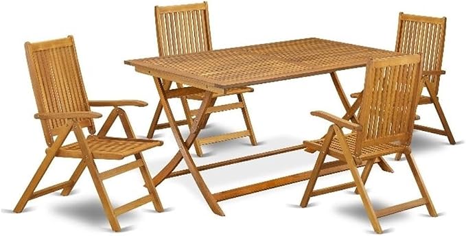 Pemberly Row 5-Piece Bistro Patio Dining Set, Acacia Wood, Natural Oil Finish, Includes 60x36 in Folding Table and 4 Folding Chairs, Weather-Resistant Outdoor Furniture for Patio, Balcony, Porch