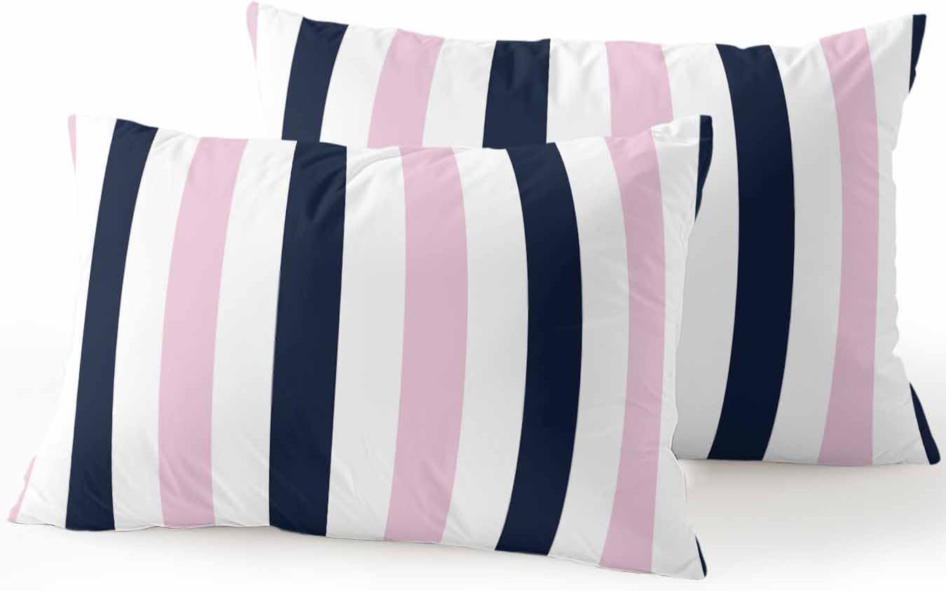 Outdoor Pillows Waterproof, Pink Navy Blue Striped Bedding Throw Pillows with Insert for Couch Sofa Bed, Farmhouse Stripe Art 12x20 Inch Pillowcases Decorative Camping Patio Pillow Set of 2