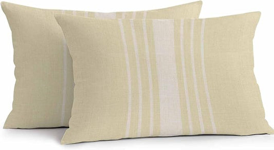 Vandarllin Outdoor Throw Pillows Covers 20x12 inch Set of 2 Waterproof Cream Vertical Stripes Decorative Zippered Cushion Covers for Patio Furniture, Classic Striped Linen Lumbar Pillowcases