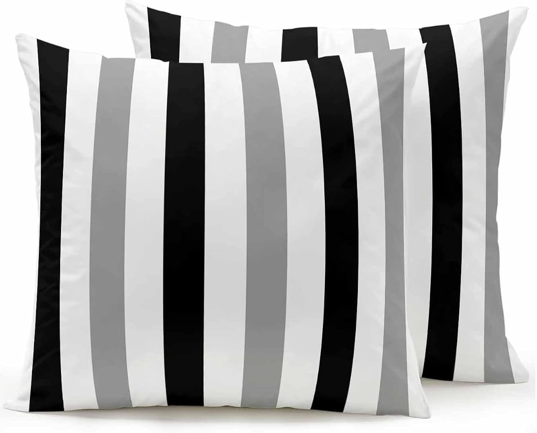 Outdoor Pillows Waterproof, Black Gray Striped Bedding Throw Pillows with Insert for Couch Sofa Bed, Farmhouse Stripe Art 18x18 Inch Pillowcases Decorative Camping Patio Pillow Set of 2