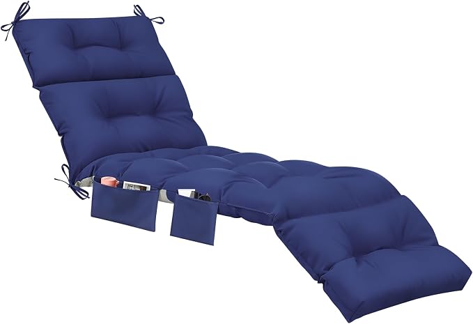 Kigley 2 Pcs Outdoor Chaise Lounge Cushions with 3 Side Pocket 74.5 x 22 x 4.7 Inch Patio Chaise Lounge Cushion, Water-Repellent and Fade-Resistant Tufted Summer Replacement(Navy Blue)