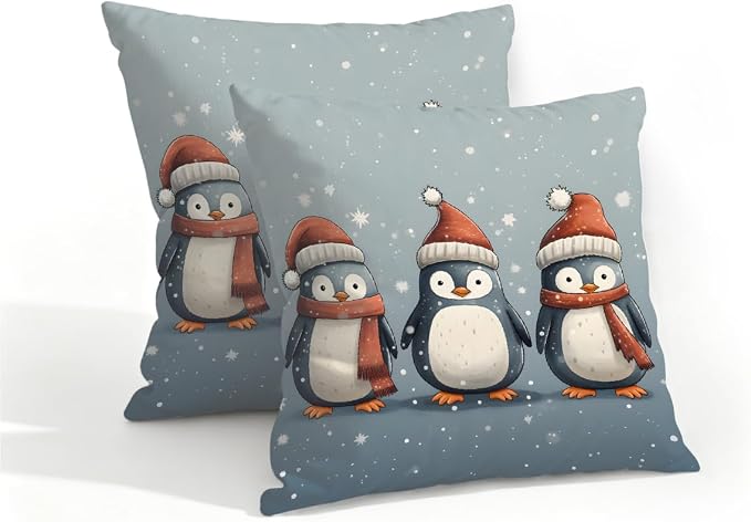 16x16 Inch Outdoor Pillow Covers Set of 2 Waterproof Throw Pillow Covers Decorative Couch Cushion Covers Christmas Penguin Square Pillowcases Protectors for Patio Garden Sofa