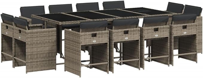 13 Piece Patio Dining Set with Cushions Gray Poly Rattan Outdoor Dining Table and Chairs for Garden Backyard Deck Entertaining Tempered Glass Top Foldable Storage