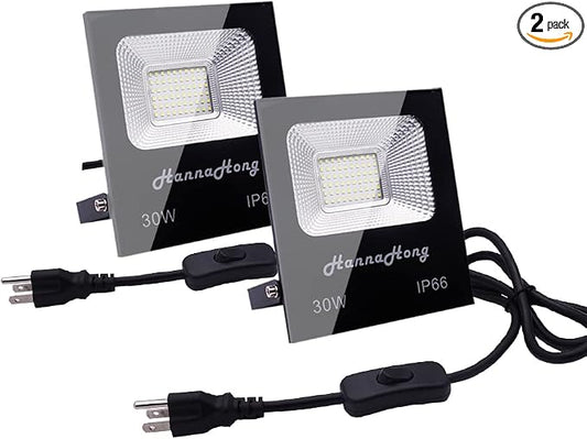 30W LED Flood Light Plug in,Super Bright Security/Work/Plant Grow Light,IP66 Waterproof Outdoor,Reflector Spotlight for Porch,Garage,Patio,Yard,Garden 2 Pack