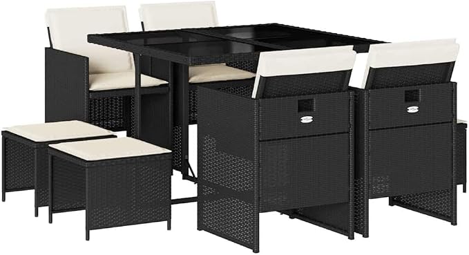 9 Piece Patio Dining Set with Cushions Black Poly Rattan Outdoor Table and Chairs Foldable Space-Saving Tempered Glass Furniture for Garden Backyard Deck Entertaining