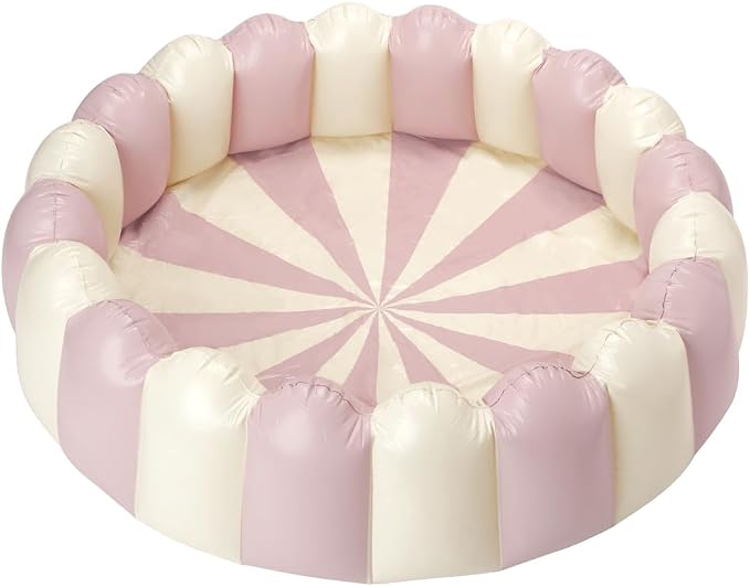 Petites Pommes Striped Blow Up Pool for Kids & Toddlers - Handprinted Classic Foldable Kids Pool - Durable, BPA-Free PVC Kiddie Pools with Repair Patch & Storage Bag, Light Pink, 63 x 18 Inch