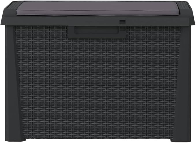 33 Gallon Anthracite Rattan Look Garden Storage Box with Cushion, Lockable Gas-Lift Patio Bench for Cushions and Blankets