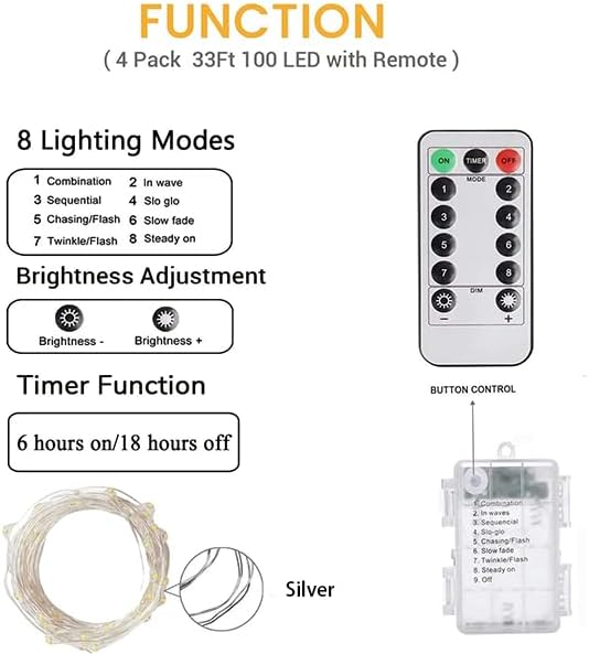 2 Pack Fairy Lights Battery Operated with Remote 33FT 100 LED Cool White | Remote Control, 8 Modes, Timer, Adjustable brightness, Waterproof Lights for Indoor Outdoor Classroom Christmas Decor