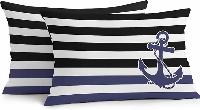Lumbar Pillow Covers 20x12 Inch Set of 2, Anchor Black Waterproof Outdoor Cushion Covers, Modern Navy Blue White Striped Nautical Decorative Pillowcases for Couch, Sofa, Bed, Garden, Patio