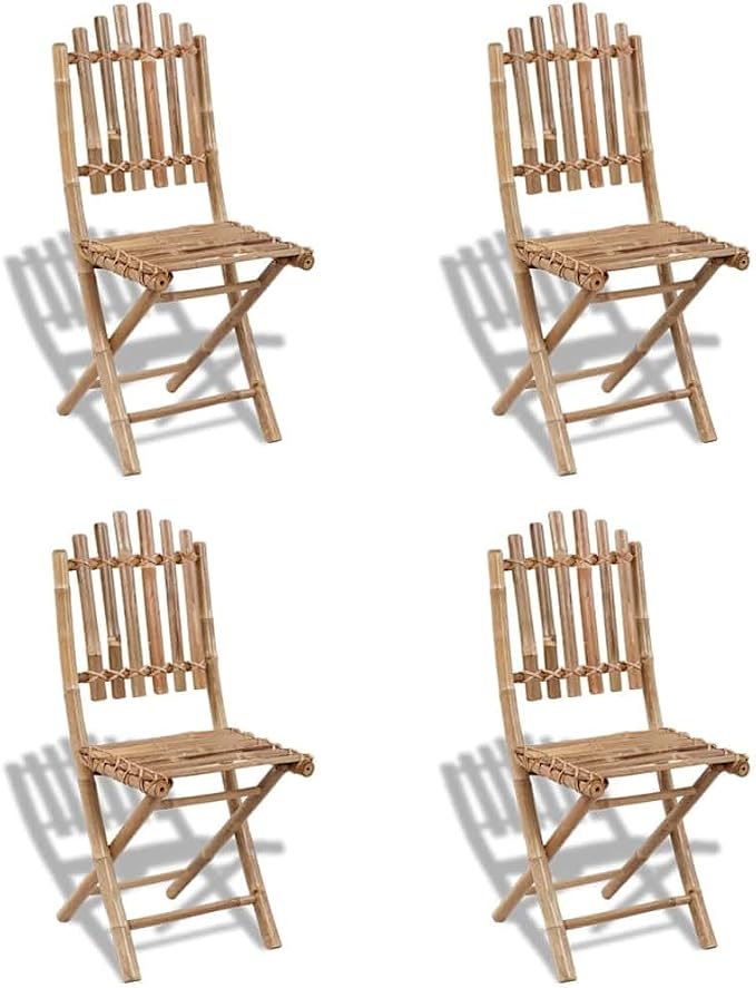 5-Piece Folding Bamboo Patio Dining Set, 31.5" Round Table | Includes four matching chairs that fold flat for easy storage, designed for backyard, balcony, or poolside dining.