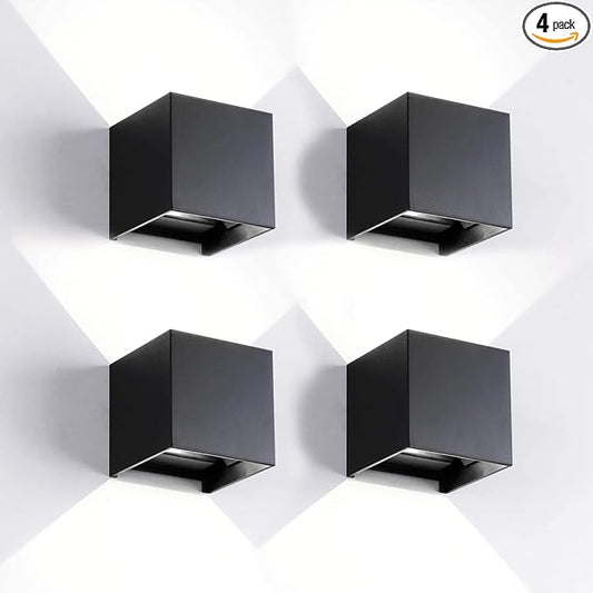 Mille Lucciole 4 Pack Outdoor Wall Lights Exterior/Interior LED Wall Sconces IP65 Waterproof Square Aluminum Wall Lamps Outdoor Lighting Fixture Up and Down Lights Modern Black 12W 6500K Cold Lights