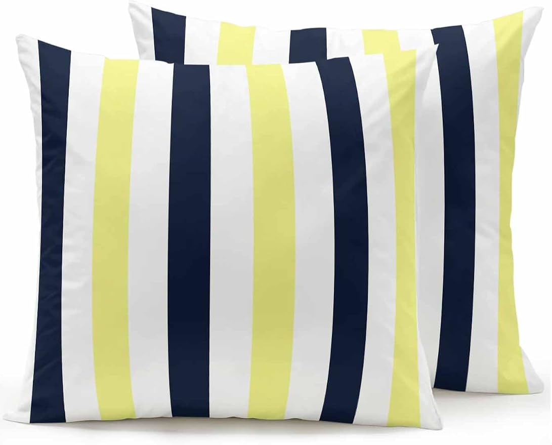 Outdoor Pillows Waterproof, Yellow Navy Blue Striped Bedding Throw Pillows with Insert for Couch Sofa Bed, Farmhouse Stripe Art 18x18 Inch Pillowcases Decorative Camping Patio Pillow Set of 2