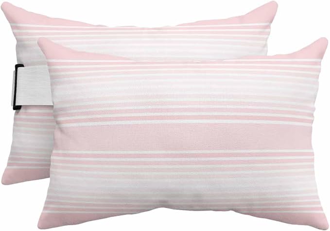 Pack of 2 Outdoor Lumbar Pillow Covers 12x20 Inch, Pink Striped Waterproof Throw Pillow Covers Set, Pink Ombre Farmhouse Stripes Indoor&Outdoor Decorative Cushion Cases for Patio Porch Car