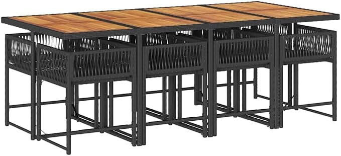 9 Piece Outdoor Patio Dining Set, 8-Seater Garden Furniture with Folding Chairs and Acacia Wood Tabletop, Weather-Resistant Poly Rattan Dining Table Set for Backyard, Deck, and Patio, Black