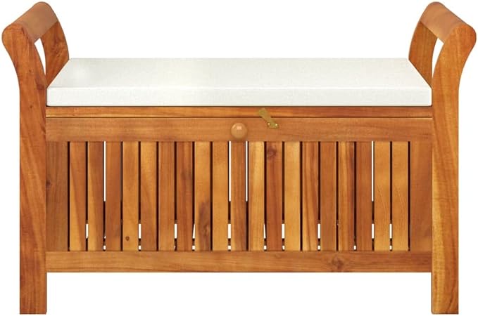 Wooden Outdoor Patio Storage Bench Large Deck Box with White Cream Cushion 35.8"x19.7"x23.6" Solid Wood Acacia Storage Box Deck Box with Seat for Garden, Balcony, Porch, Pool,Yard