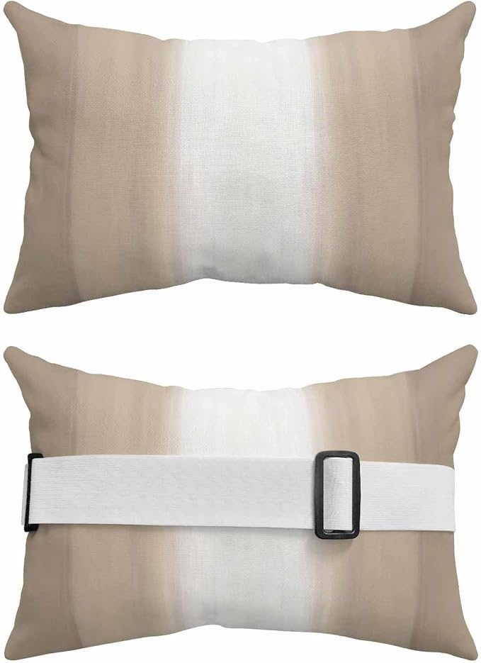 Outdoor Lumbar Pillow Set of 2, Beige Ombre Striped Waterproof Beach Headrest Pillow with Inserts, Beige Gradient Farmhouse Abstract Art Recliner Throw Pillows for Patio Furniture, 11 x 16