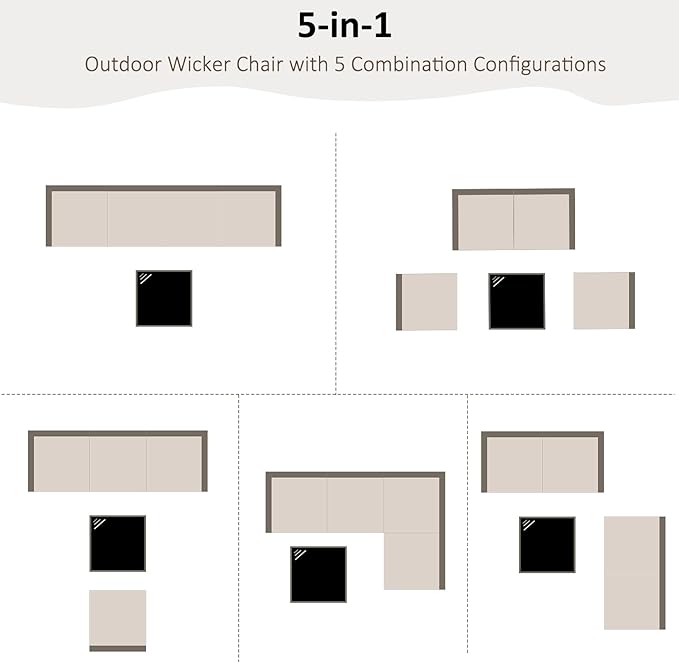 ANJ 5 Piece Outdoor Wicker Patio Furniture Set, Modular Loveseat Sofa with with Glass Top Coffee Table, All-Weather Rattan Conversation Couch Set for Balcony, Backyard, Light Grey Wicker-Turquoise
