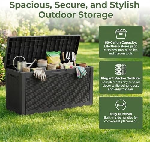 60 Gallon Deck Box, Waterproof Resin Outdoor Storage Box with Lockable Lid, Patio Storage Box Featuring Fade Resistant for Patio Furniture Cushions, Pool Accessories, Garden Tools, Black