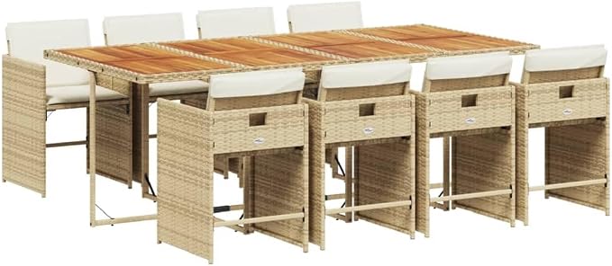 9-Piece Patio Dining Set with Cushions Beige PE Rattan Outdoor Furniture Set for Backyard Garden Balcony Porch Foldable Chairs & Acacia Wood Table