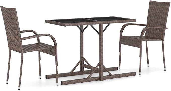 Patio Dining Set 3 Piece Brown Outdoor Rattan Table and 2 Chairs with Glass Top Powder Coated Steel Frame Weather Resistant for Garden Backyard Porch