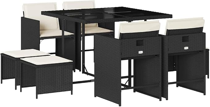 9-Piece Garden Dining Set with Rectangular Poly Rattan Table, High-Back Chairs and Stools, Black and Cream White for Outdoor Patio