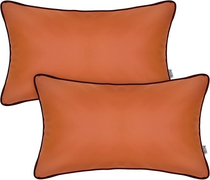 Pack of 2 Outdoor Pillow Cover 12x20 Inch Water Resistant Silicone Leather UV Fade Resistant Brown Lumbar Pillow Cover for Patio Garden Tent Couch